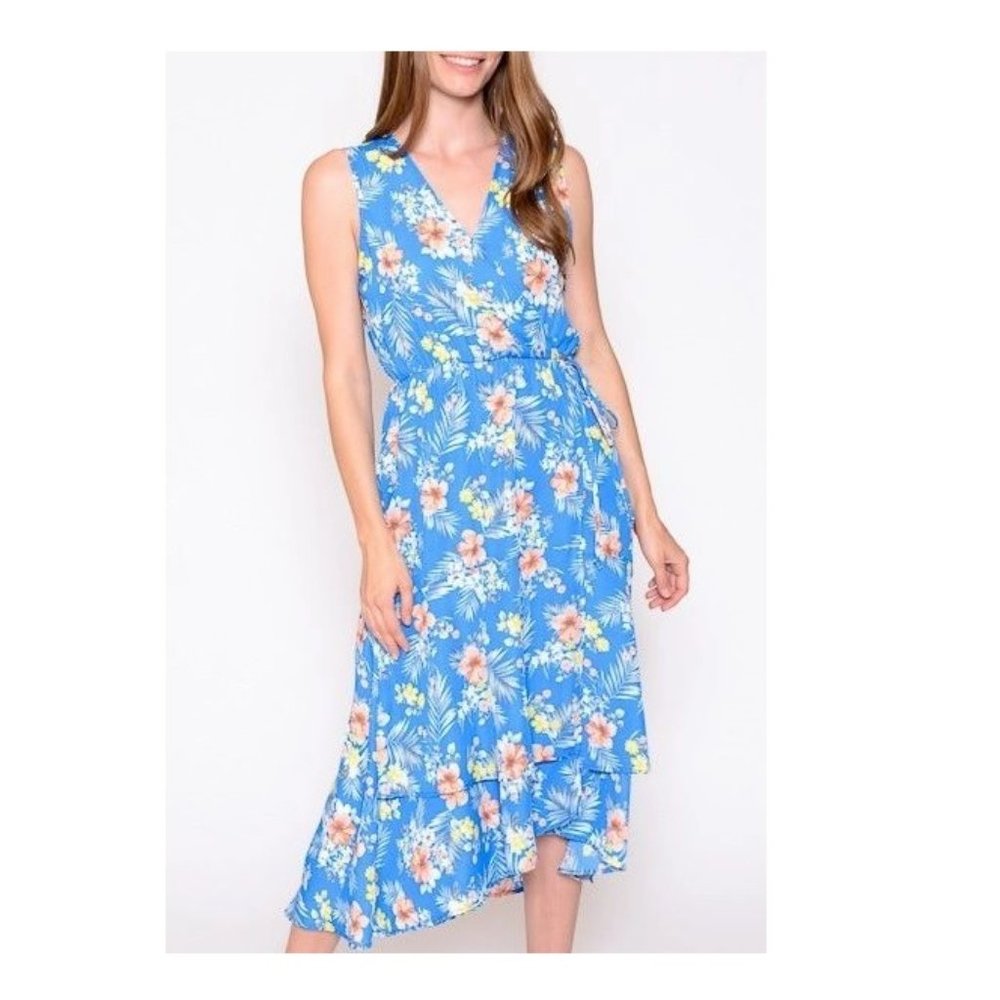 Blue Floral Sleeveless Midi Dress Made in USA v101